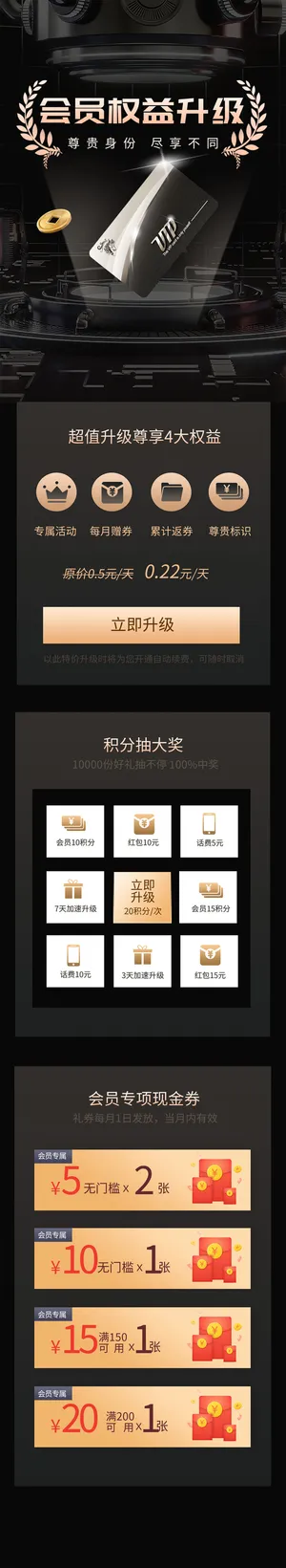 黑色大气会员权益升级UI手机长图海报黑金质感简约会员专属权益h5活动长图