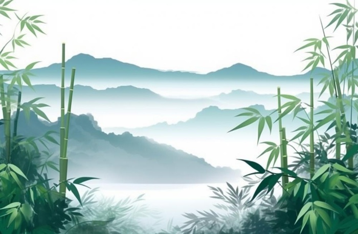 中国山水竹子水墨画绿色背景(1344x880)
