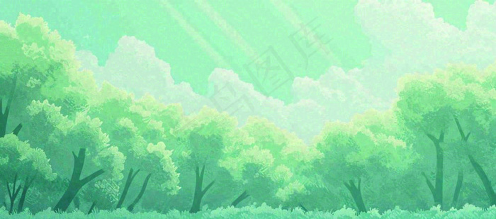 春天绿色插画手绘森林草地，白云阳光
