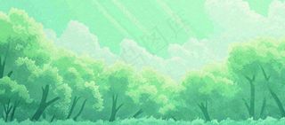 春天绿色插画手绘森林草地，白云阳光