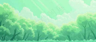 春天绿色插画手绘森林草地，白云阳光