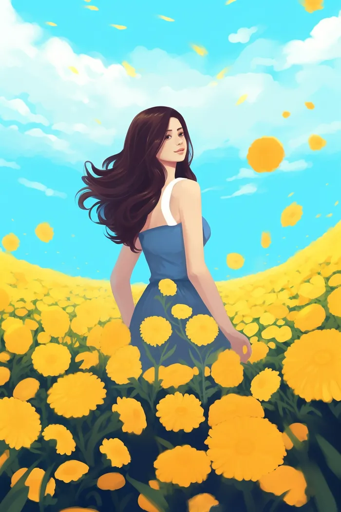 黄色花海里的少女蓝天白云卡通插画(x)
