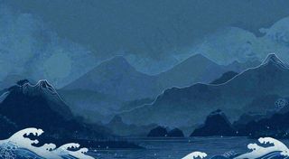 中国风意境山脉雪山海浪蓝色云层，末日暗黑恐怖