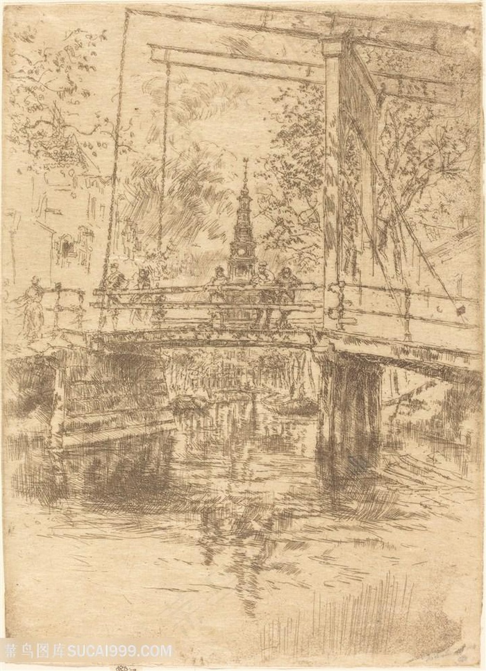 惠斯勒素描天桥湖畔美景装饰画