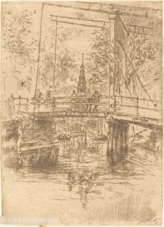 惠斯勒素描天桥湖畔美景装饰画