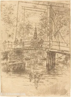 惠斯勒素描天桥湖畔美景装饰画 惠斯勒素描天桥湖畔美景装饰画