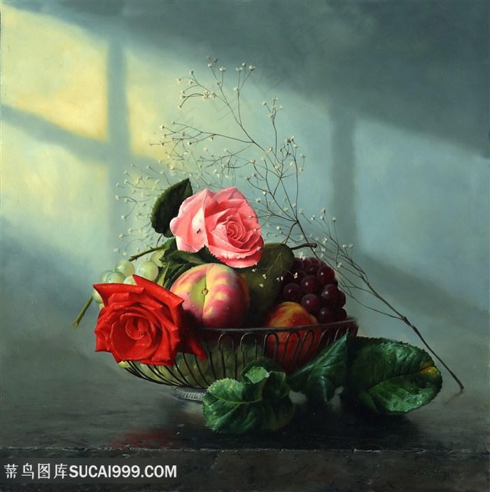 花朵与水果静物油画图片