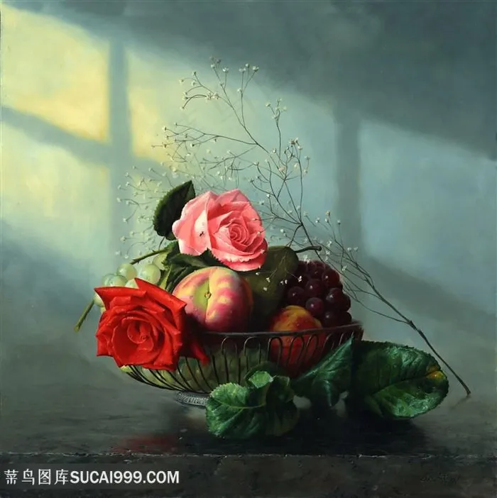 花朵与水果静物油画图片