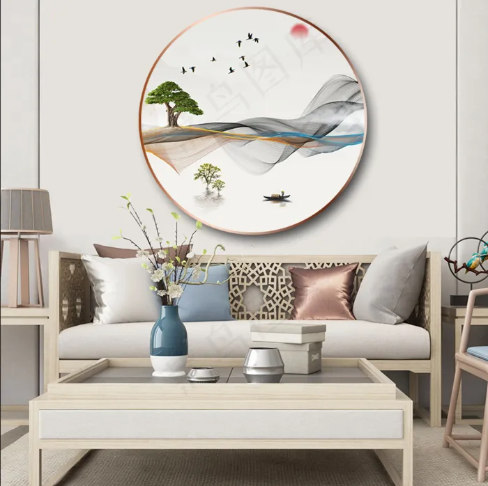 中国风简约山水花鸟日出帆船客厅卧室玄关画酒店装饰画psd模版下载