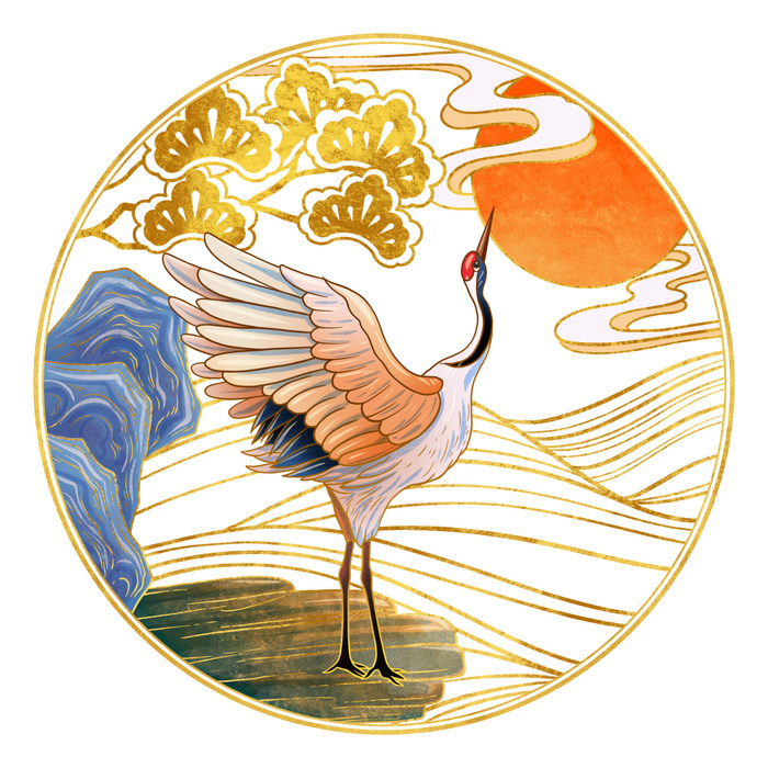 中国风国潮仙鹤山水插画手绘元素场景PSD设计素材