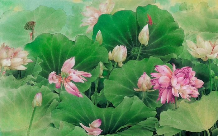 油画荷花湖水背景墙