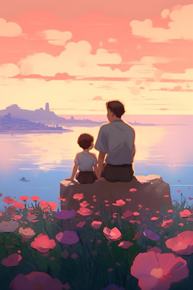 长辈父亲和孩子坐着看落日晚霞浪漫背景