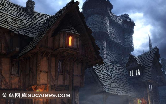 乌云下的古建筑和灯光