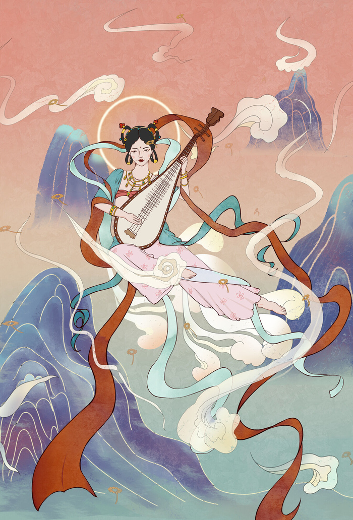 复古中国风国潮神话人物敦煌插画仙女手绘海报背景PSD设计素材