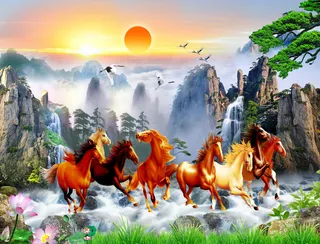 山水荷花马到成功背景墙