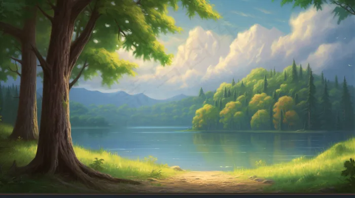 森林山林湖泊风景素材插画(4368x2448)