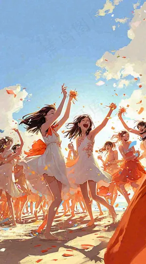 夏日阳光沙滩狂欢玩耍，音乐舞蹈缤纷烟花手绘插画