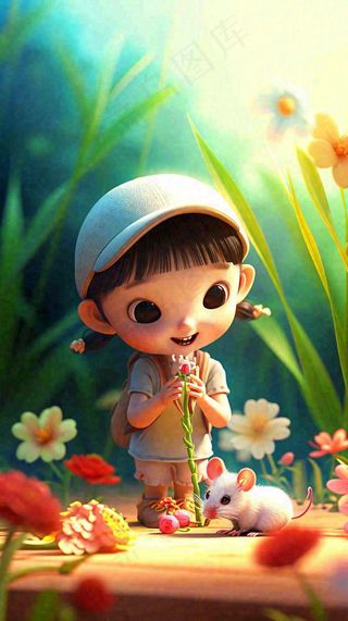 儿童节小女孩田间游玩小草小花，动物鱼类可爱