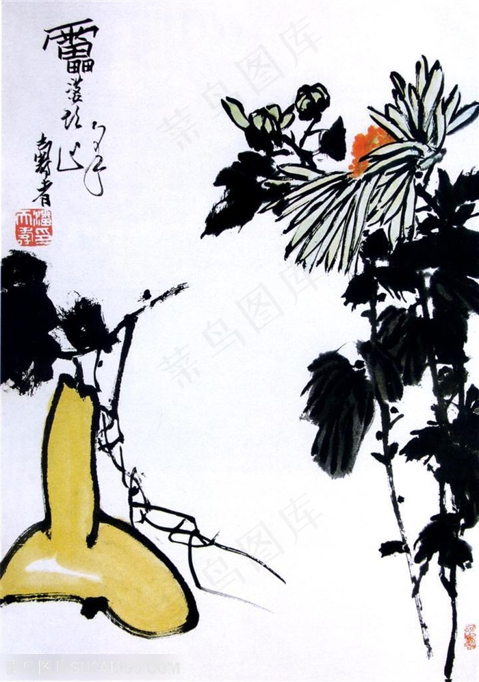 国画名家作品-潘天寿的葫芦菊花