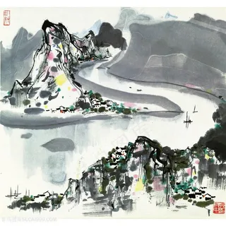 吴冠中手绘水墨山脉河流装饰画
