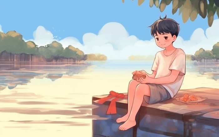 夏日卡通男孩坐着河边嬉水插画背景(1376x864)