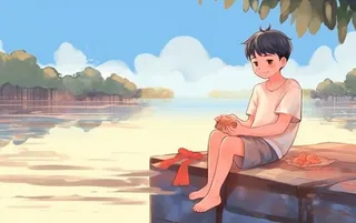 夏日卡通男孩坐着河边嬉水插画背景