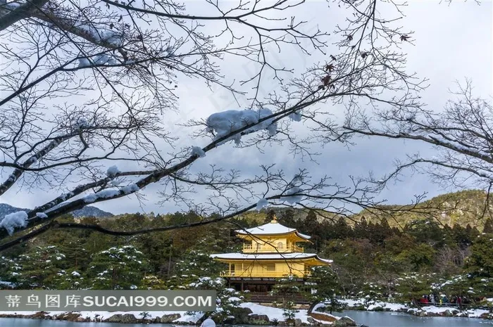日本金阁寺冬日雪景风光