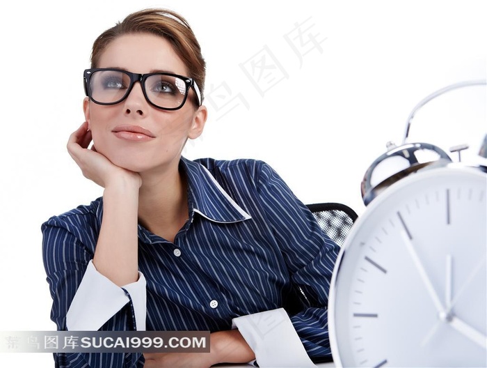 思考的白领和闹钟图片素材