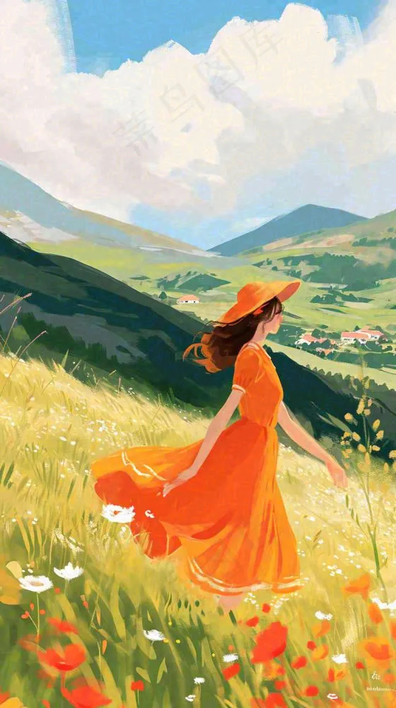 春天山脉草坪花海上穿裙子的女孩油画手绘插画，清新浪漫，踏青春游(816x1456)