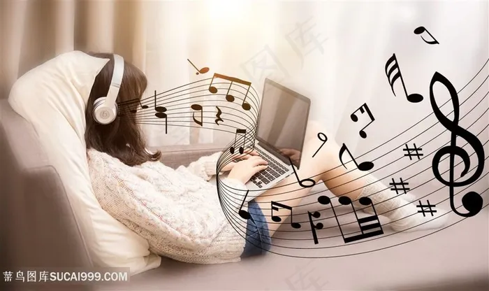 听音乐的女孩音符音乐符号五线谱