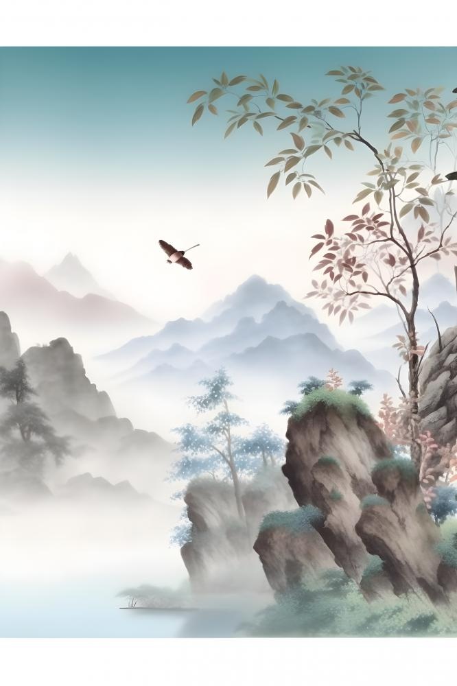 古风山水画迎客松鸟水墨画背景