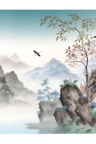 古风山水画迎客松鸟水墨画背景