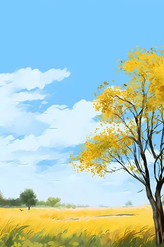 秋天清新天空树林插画黄色背景