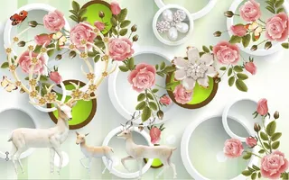 雕塑麋鹿花卉背景墙