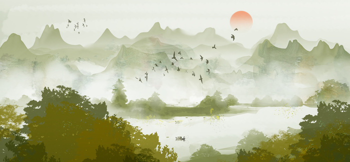 森林山川日出风景画PSD素材