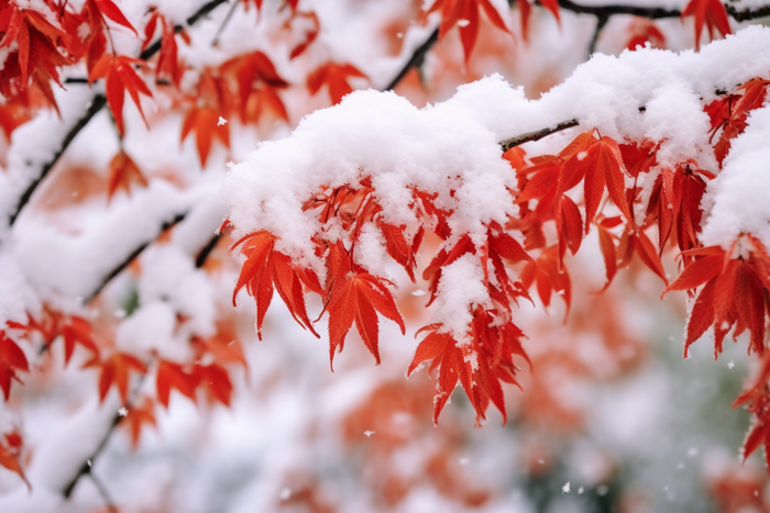 冬天雪景枫叶树上盖满了白雪摄影图