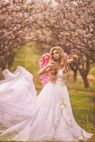 卷发美女唯美婚纱图片