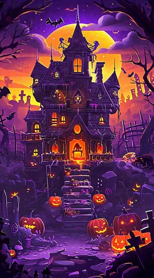 万圣节恐怖城堡南瓜夜晚暗紫色卡通节日