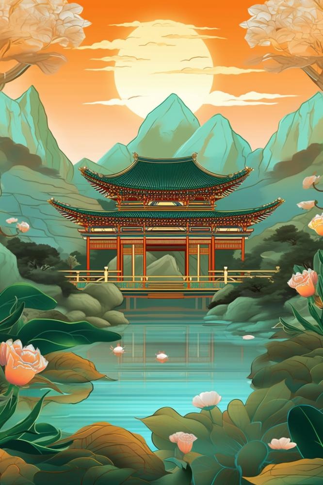 国潮国风夏季山水建筑背景(896x1344)