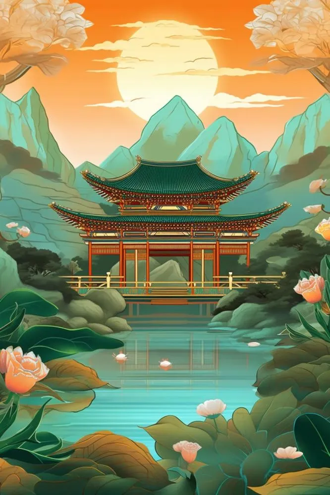 国潮国风夏季山水建筑背景(896x1344)