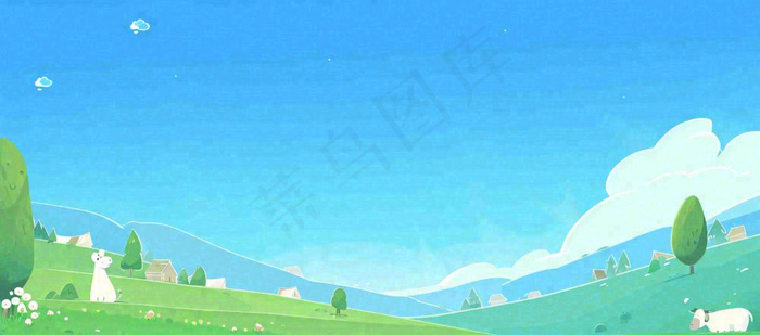春天卡通扁平插画手绘蓝天绿色草地，春游，郊游，踏青(1632x720)