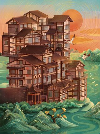 中国风国潮古建筑地标城市古风建筑阁楼印象地标手绘插画PSD素材