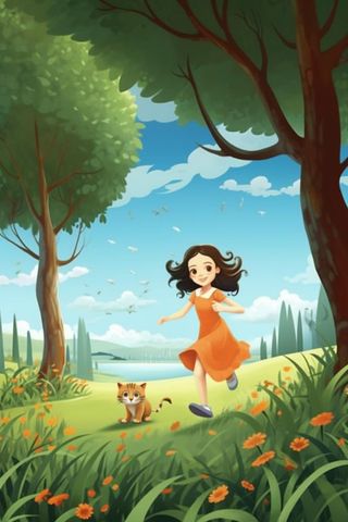 森林女孩小猫玩耍阳光奔跑背景