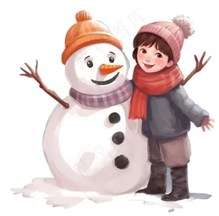 孩童堆雪人可爱卡通插画免抠