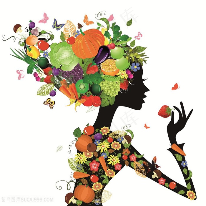 手绘美女水果花卉插画