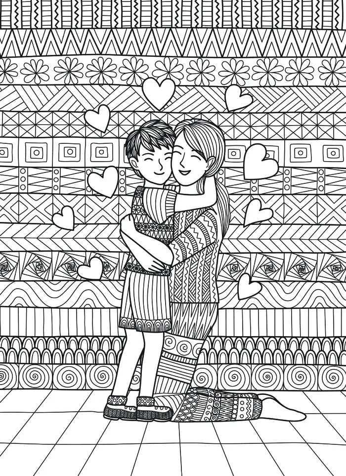 卡通手绘儿童亲情画黑白线描线稿eps,ai矢量模版下载