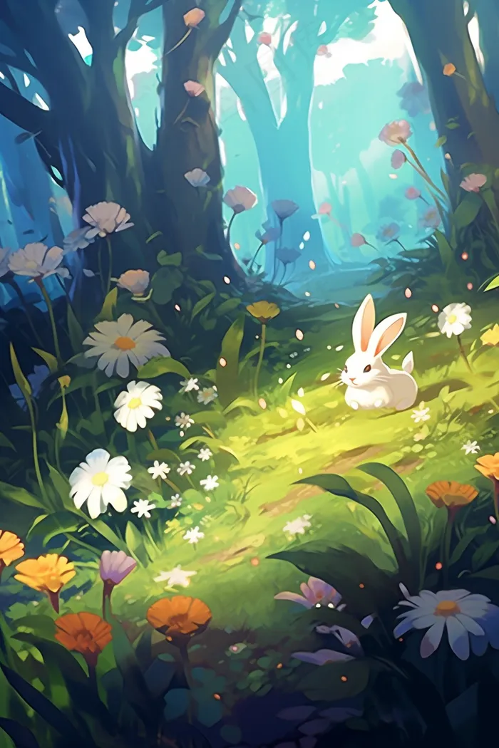 森林小白兔草丛开满小花卡通插画背景