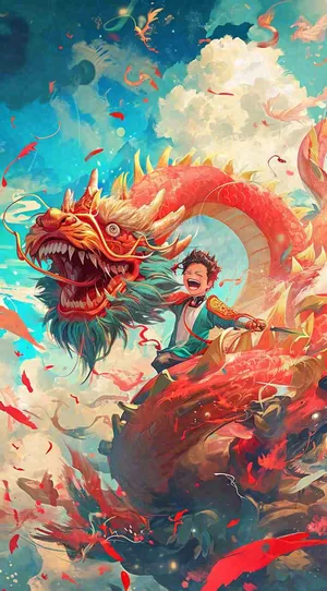 祥龙喜庆欢乐节日，蓝天白云儿童手绘插画