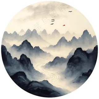 山水画水墨画圆形插画免抠