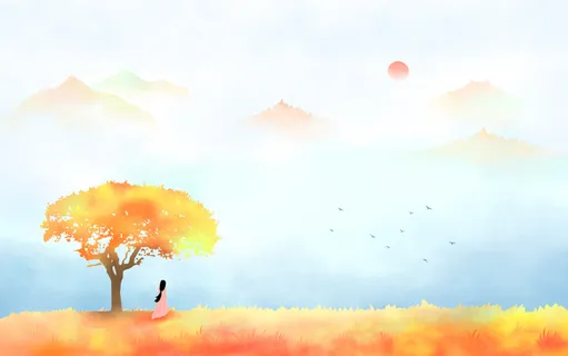 秋天水彩树山水风景插画